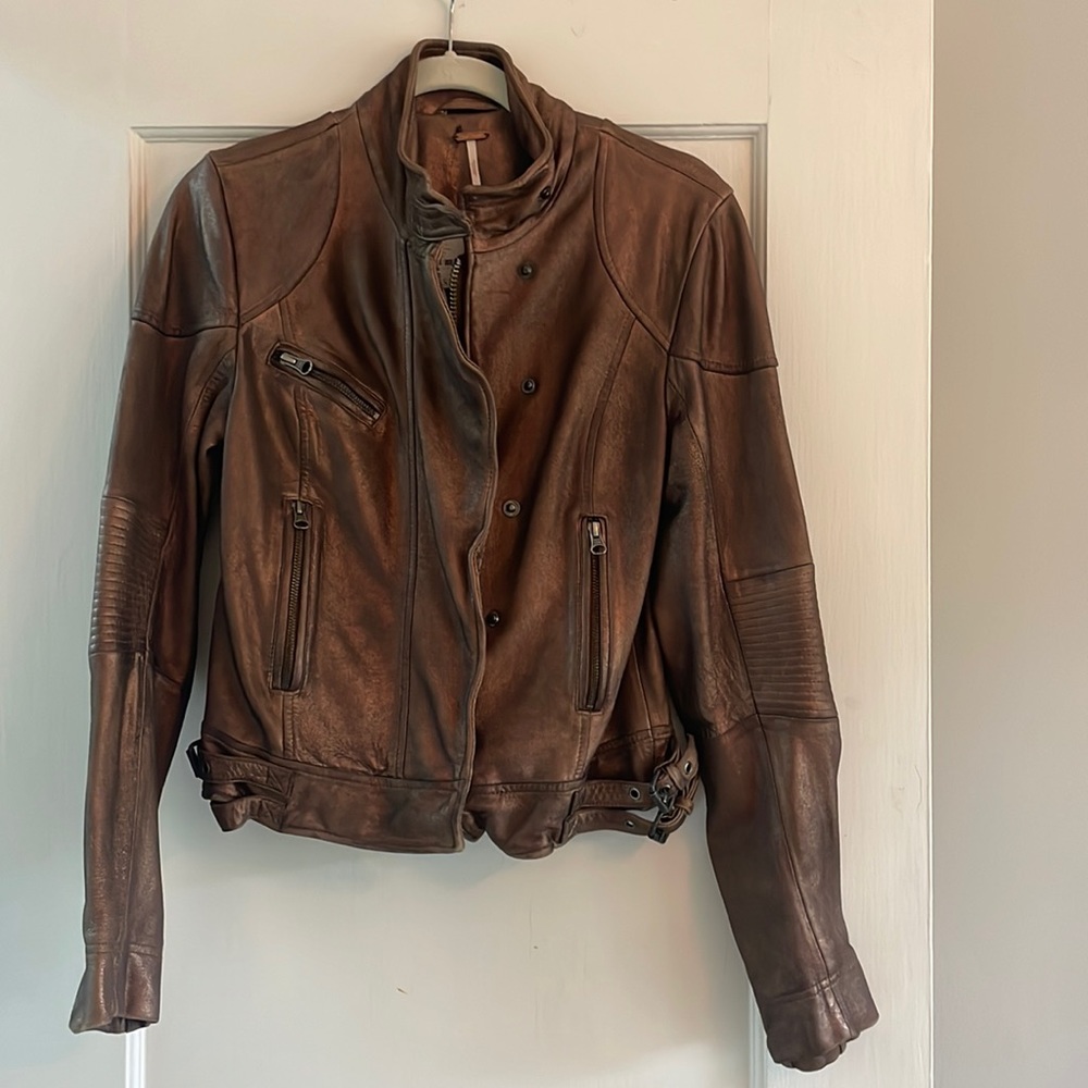 NEW! Free People Leather Bomber Jacket. Metallic brown / bronze.